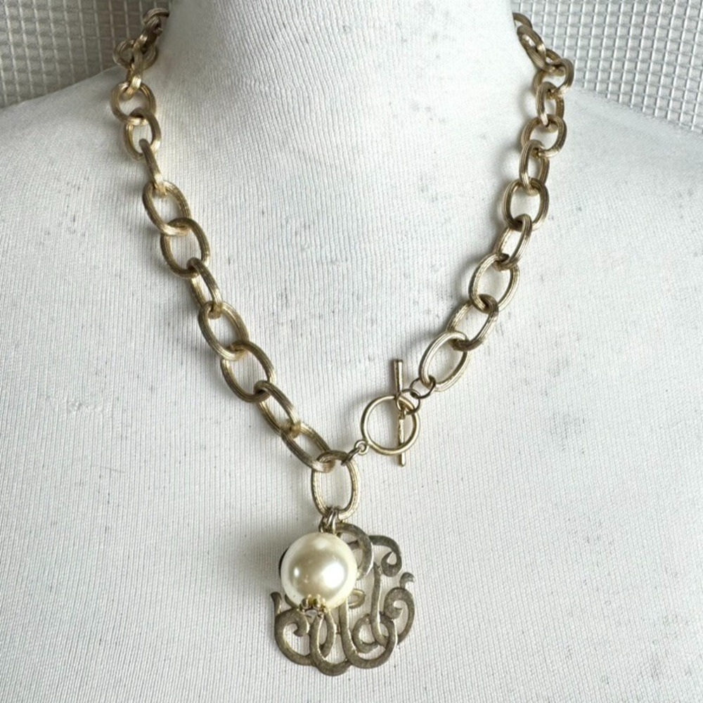 John Wind Gold Tone Monogram & Faux Pearl Chunky Scroll 20" Statement Necklace